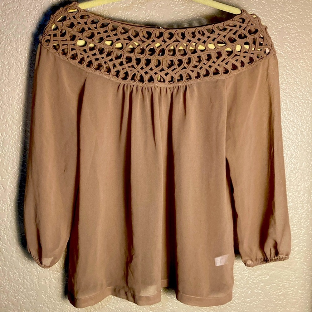 Umgee (Size M) Sheer Taupe Embroidered Cutout Neckline 3/4 Sleeve Blouse